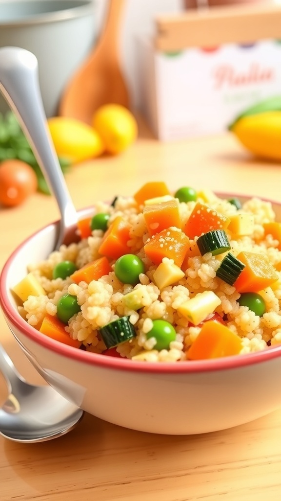 Nutritious Quinoa Recipe for 10-Month-Olds A nutritious bowl of quinoa and vegetable mash for babies with carrots, peas, and zucchini.